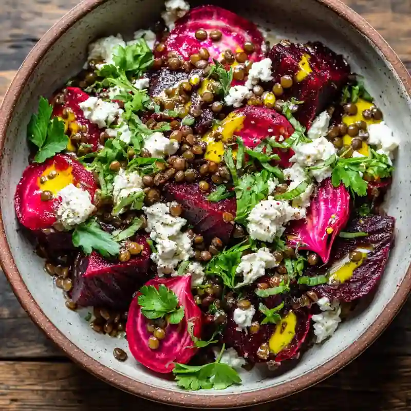 Vibrant beetroot and lentil salad with feta, parsley, and olive oil in a ceramic bowl