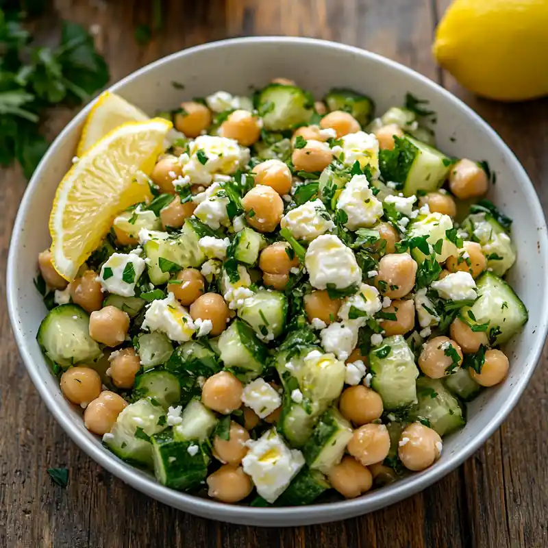 Bowl of cucumber chickpea salad with feta cheese and lemon wedges on a wooden table