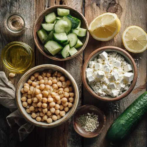 Chickpeas, chopped cucumber, crumbled feta cheese, lemon halves, olive oil, and vinegar arranged in wooden bowls on a rustic table