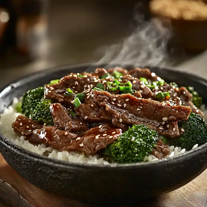 A warm bowl of beef stir-fry with tender broccoli, sesame seeds, and scallions over fluffy white rice.