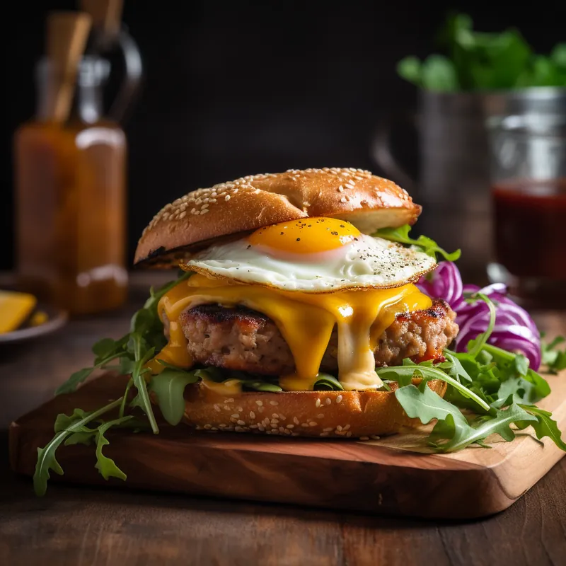 Hot honey breakfast sandwich with egg, sausage, cheddar, arugula on sesame bun.