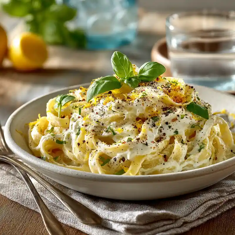 Creamy lemon pasta garnished with fresh basil and cracked pepper on rustic table.