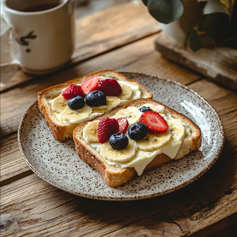 Custard yogurt toast topped with banana slices, strawberries, and blueberries on a ceramic plate.