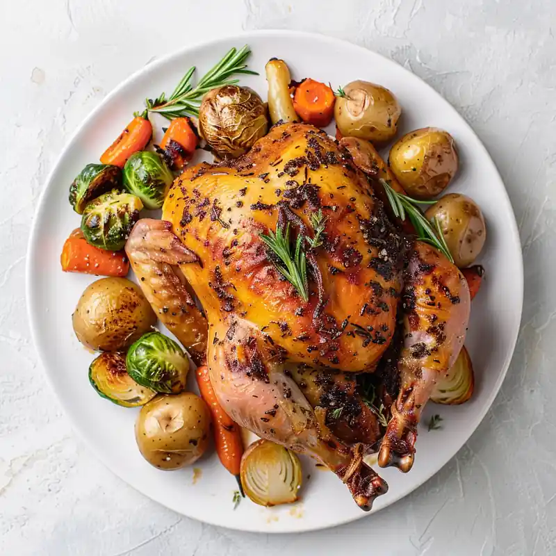 Herb roasted whole chicken with crispy skin, baby potatoes, carrots, brussels sprouts, and rosemary.