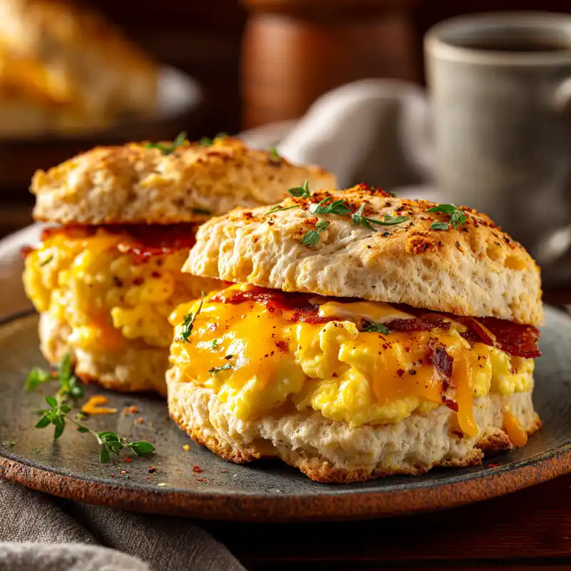 Buttermilk biscuit breakfast sandwich with fluffy scrambled eggs and melted cheddar cheese on a ceramic plate