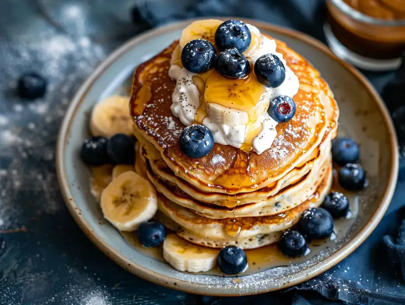 fluffy stack of pancakes topped with banana slices, blueberries, whipped cream, and maple syrup.