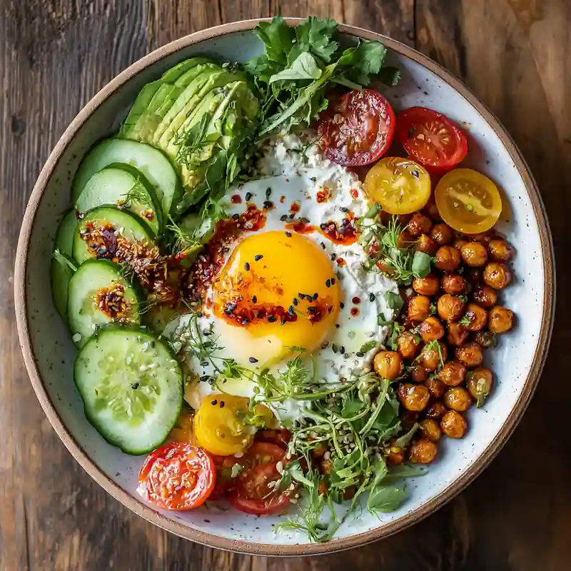 Cottage cheese breakfast bowl with avocado, cucumbers, egg, and chili crisp