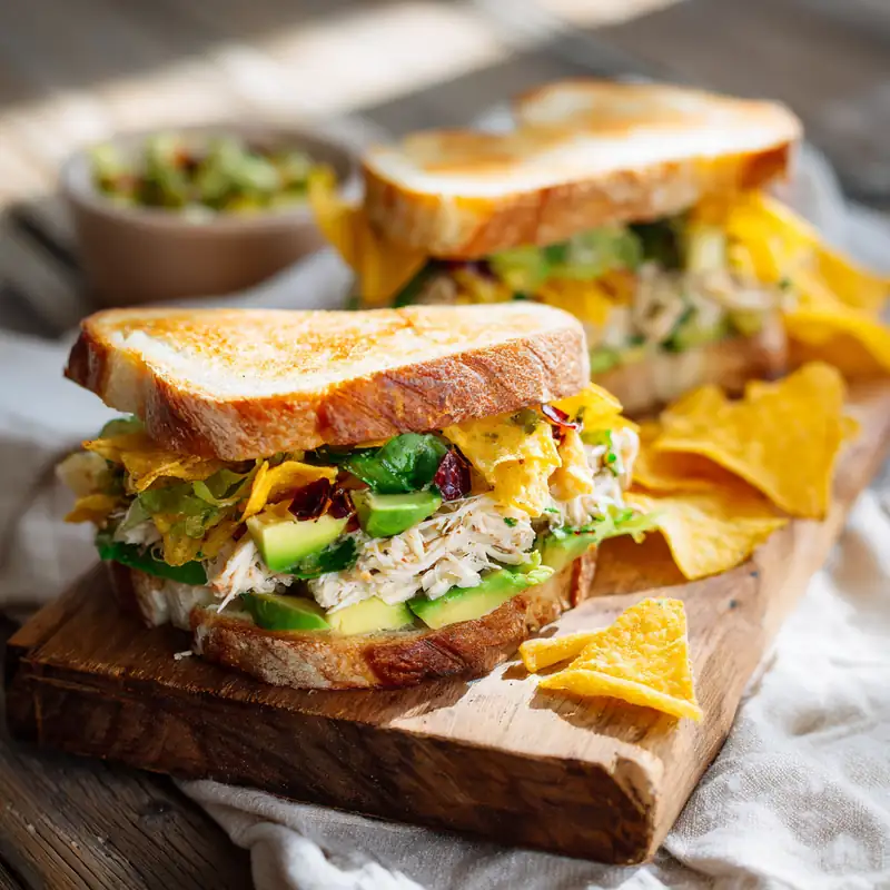 Kitchen Sink Sandwich on toasted sourdough with colorful layers