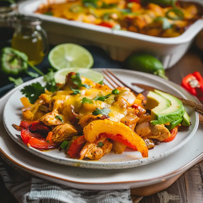 Plated chicken enchiladas with melted cheese, bell peppers, avocado slices, and lime, served with fork