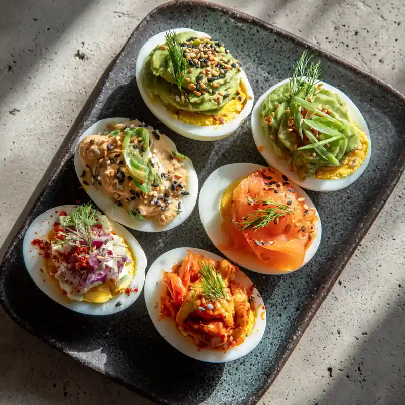 Egg Flights board with 6 colorful boiled egg toppings on a white plate