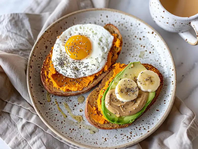 Two slices of toast topped with mashed sweet potato, one with a fried egg, the other with avocado, banana, and peanut butter