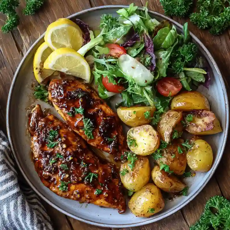 Hot Honey Chicken Cutlets served with potatoes and salad