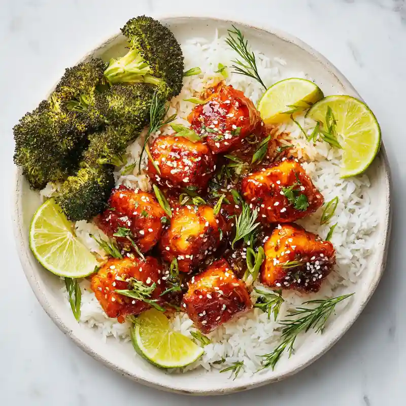 honey garlic salmon bites served with jasmine rice, roasted broccoli, lime wedges, and sesame seeds