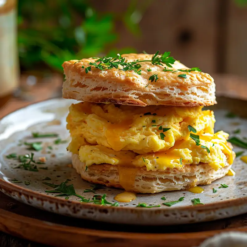 Sagaponack biscuit sandwich with fluffy scrambled eggs, melted cheese, and fresh parsley garnish