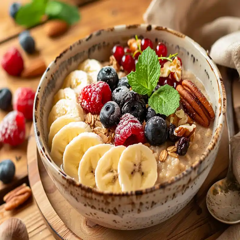 Bowl of tea-infused oatmeal topped with banana slices, berries, nuts, and fresh mint