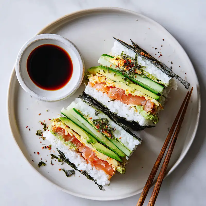 Sushi Sandwiches (Onigirazu) with salmon, avocado, and cucumber