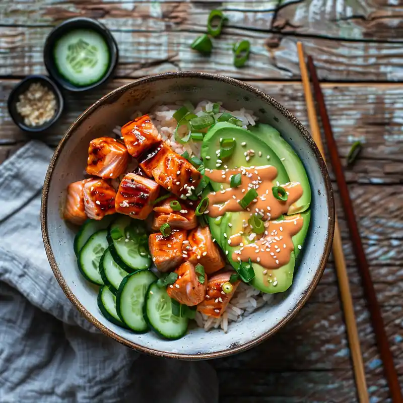 Crispy Rice Salmon Bowls topped with avocado, cucumber, and spicy mayo