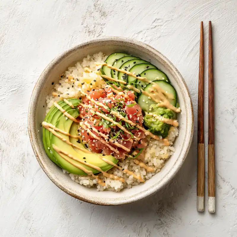 Spicy Tuna Rice Bowl with crispy rice, tuna, avocado, and cucumber drizzled with spicy mayo.