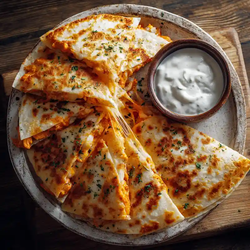 Crispy buffalo chicken quesadillas with cheese pull and ranch dip
