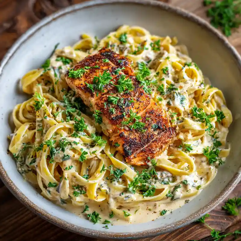 Creamy Cajun Salmon Pasta served in a rustic bowl.