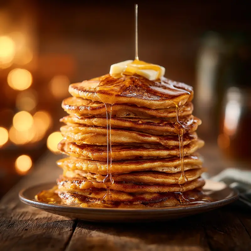 Stack of fluffy pumpkin pancakes topped with butter and maple syrup