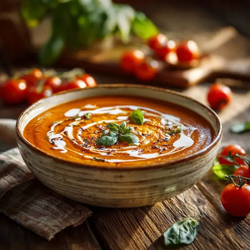 creamy high protein roasted tomato basil soup with basil and cream swirl