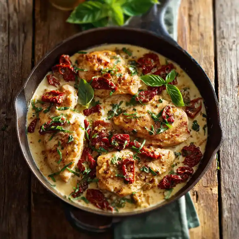 Marry Me Chicken served with mashed potatoes and green beans on dinner plate