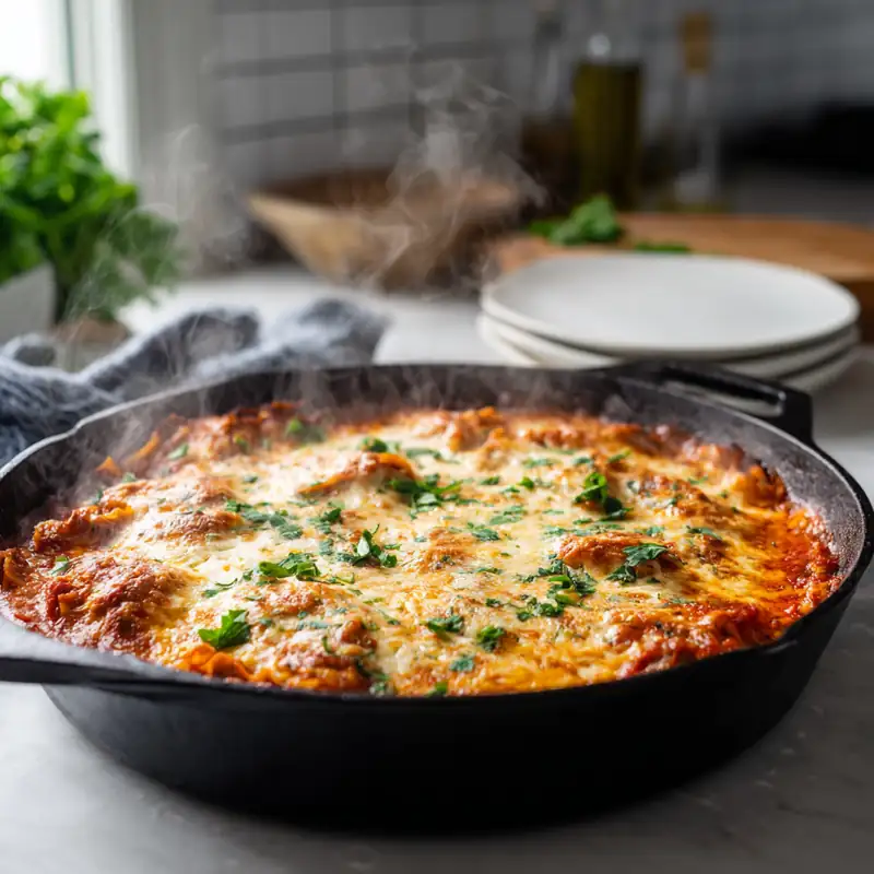 One-skillet lasagna in cast iron skillet with melted cheese