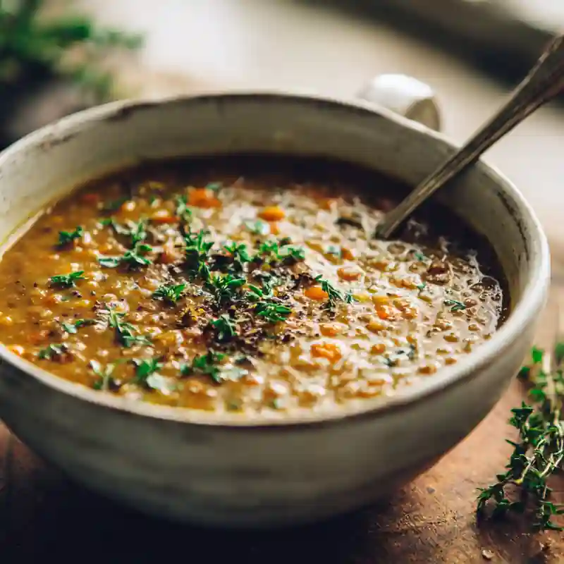 Creamy Lentil Vegetable Soup with carrots and herbs served in a rustic white ceramic bowl, topped with fresh thyme.