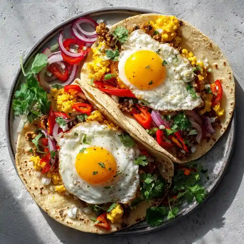 breakfast tacos with fried eggs, scrambled eggs, onions, peppers, and cilantro on a white plate