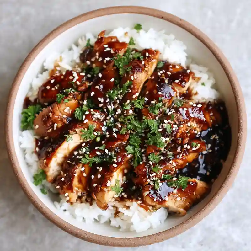 Spicy honey garlic glazed chicken over white rice, topped with sesame seeds and chopped parsley in a ceramic bowl.