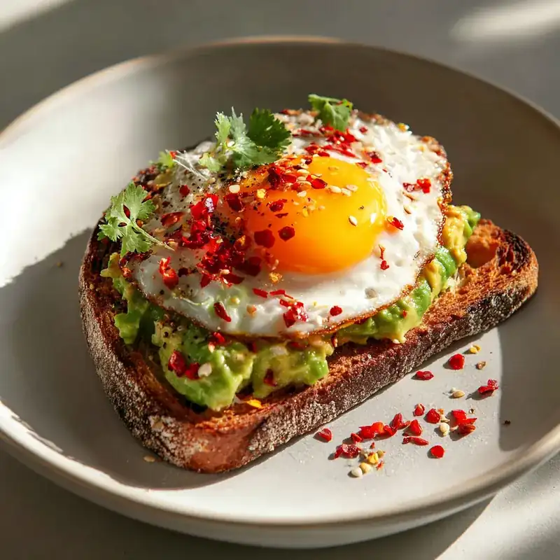 Avocado toast with fried egg, chili flakes, and cilantro on sourdough