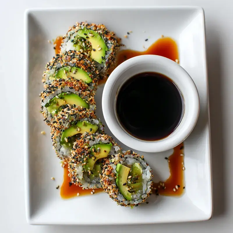 Crispy avocado sushi rolls sliced neatly on a bamboo board with dipping sauce.