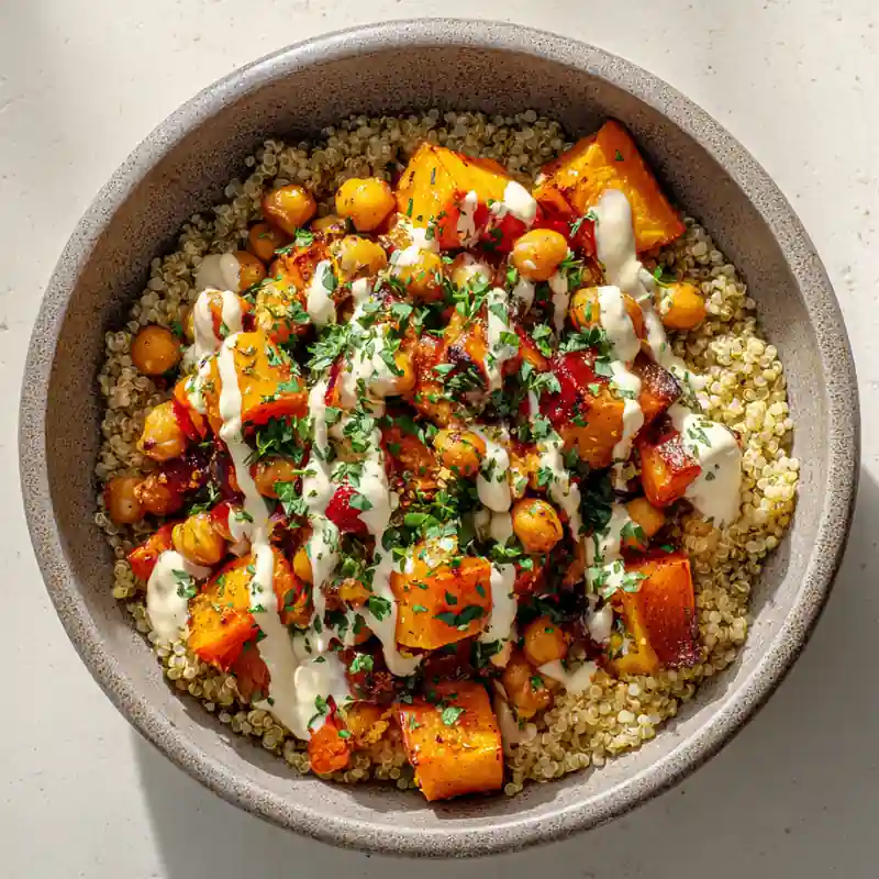 roasted butternut squash and chickpeas over quinoa with tahini drizzle in rustic bowl