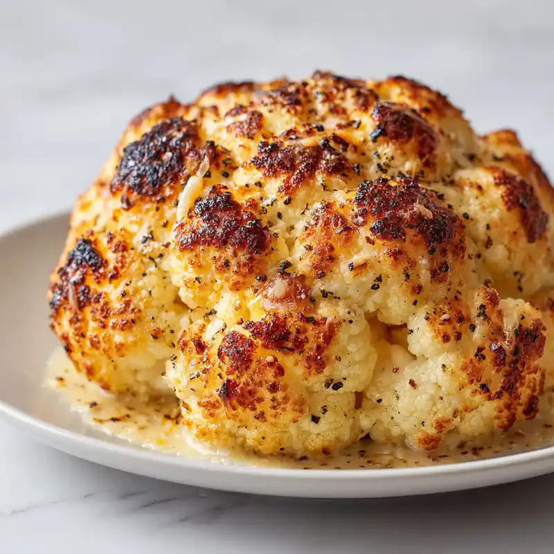 Roasted cacio e pepe cauliflower on a plate