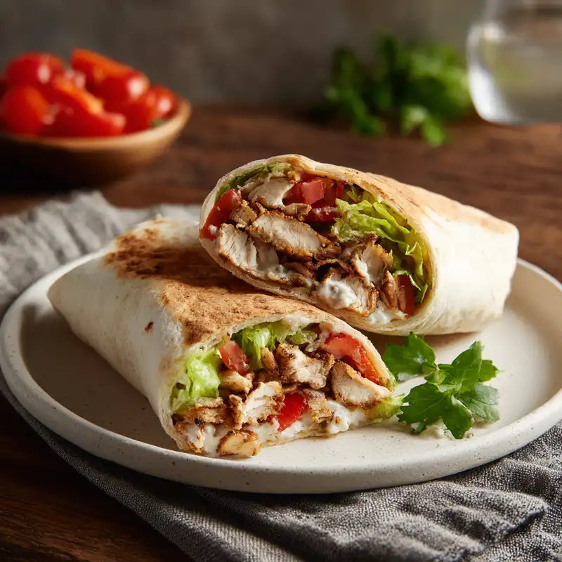Chicken shawarma wrap sliced on white plate with grilled chicken and toppings