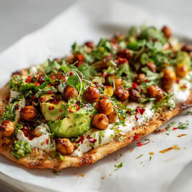 Chickpea flatbread topped with avocado, crispy chickpeas, and fresh herbs