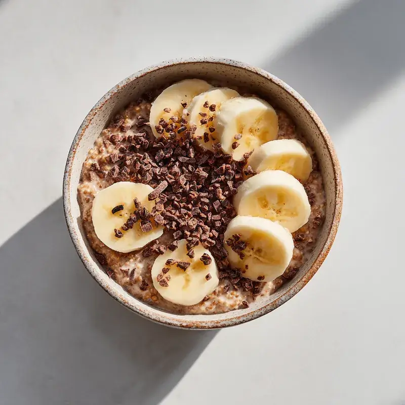bowl of chocolate oatmeal topped with banana slices and cocoa nibs