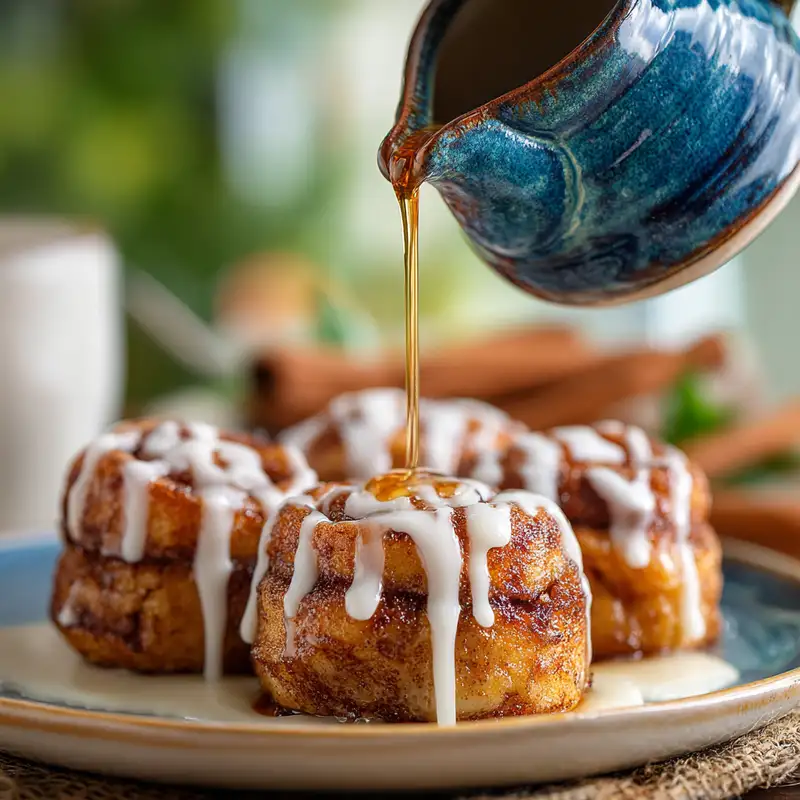 Cinnamon roll French toast bites served in a rustic plate with maple syrup