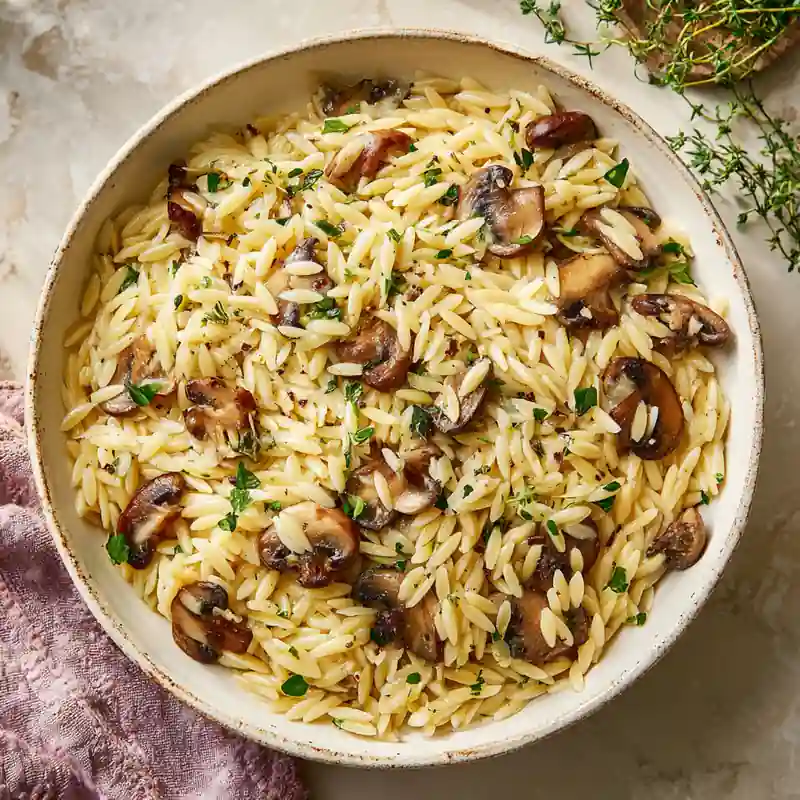 Garlic Butter Orzo with Mushrooms served in a white ceramic bowl, garnished with herbs and sautéed mushrooms.