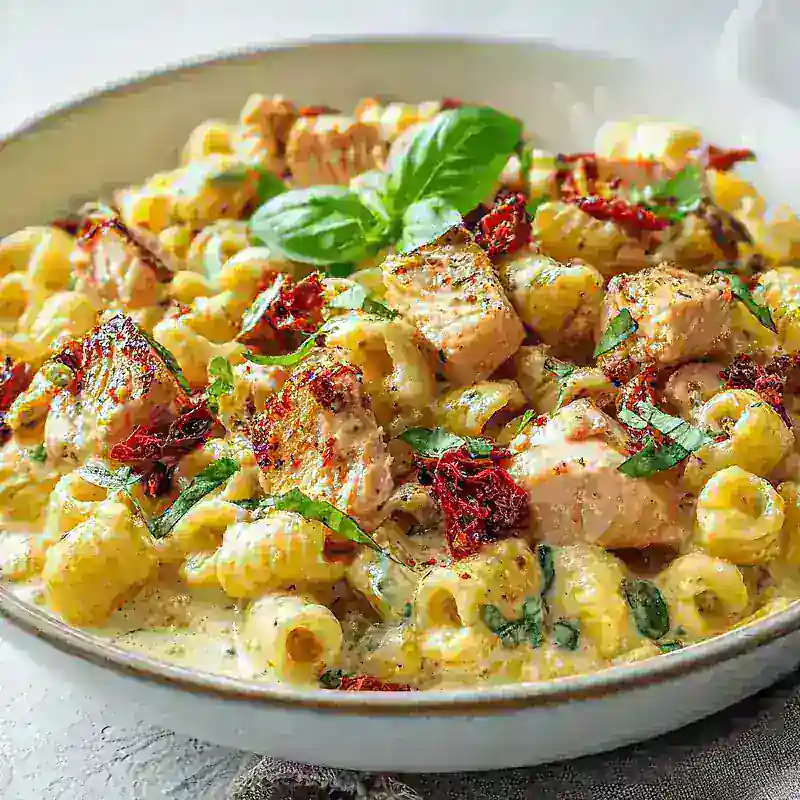 creamy salmon pasta with sun-dried tomatoes, fresh basil, and rigatoni in a white bowl
