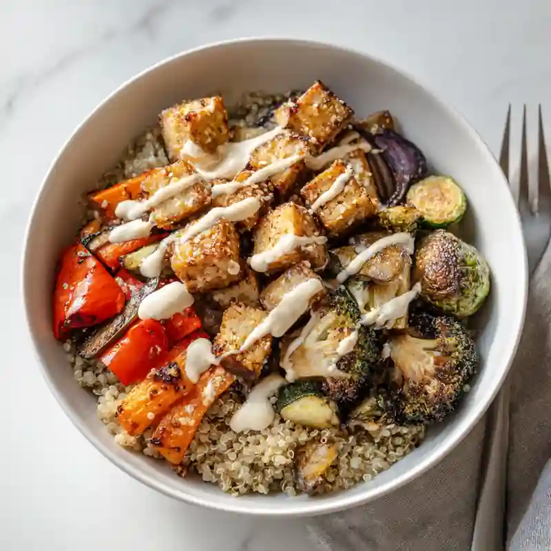 A quinoa power bowl topped with crispy tofu cubes, roasted vegetables, and a creamy tahini drizzle.