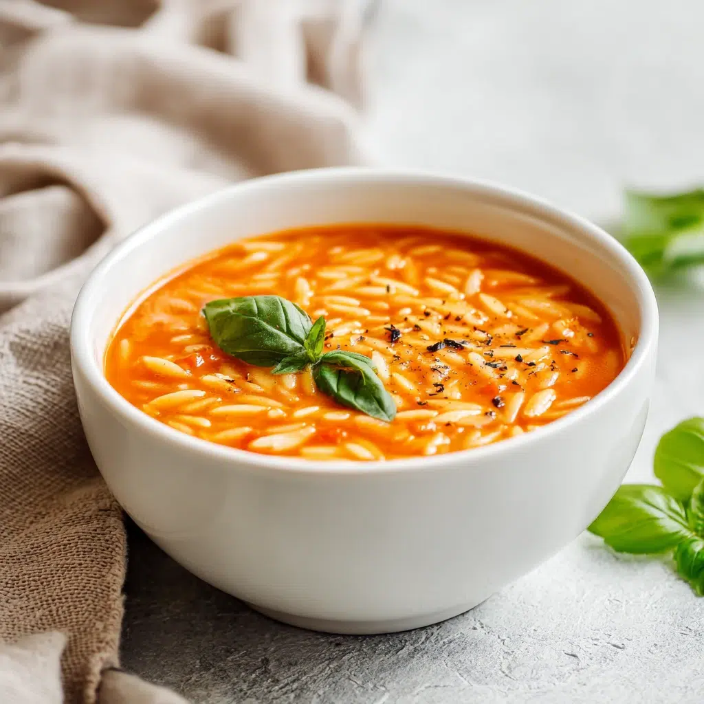 A bowl of creamy tomato orzo soup topped with grated parmesan and fresh basil leaves.