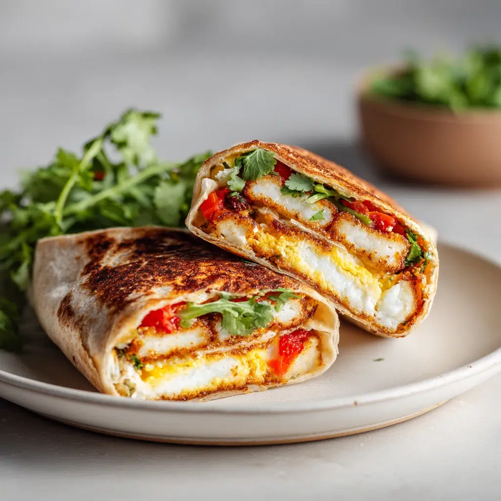 A golden halloumi breakfast wrap filled with eggs, sliced in half on a white plate.