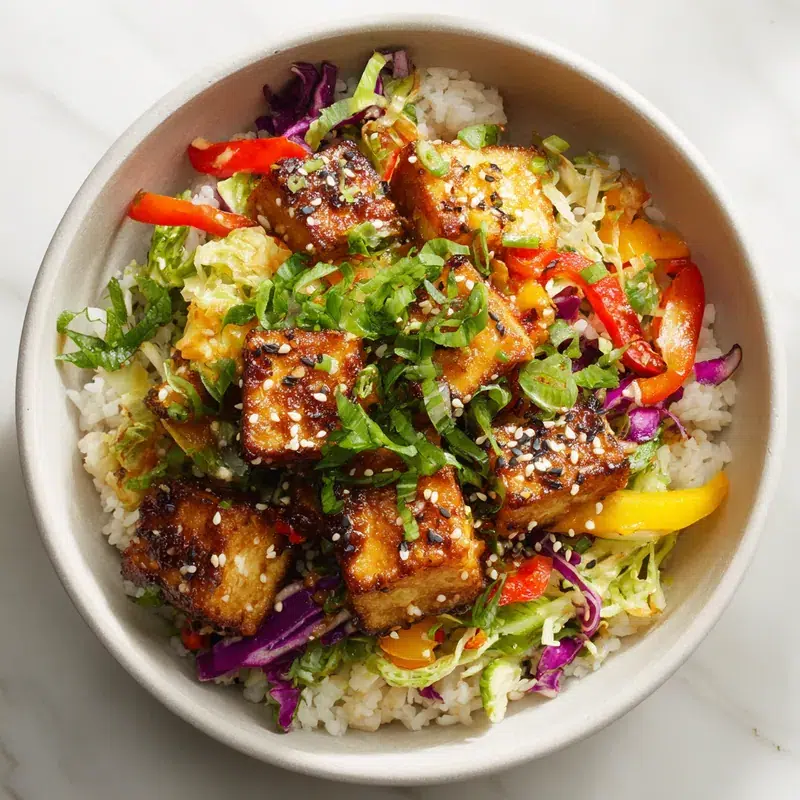 Crispy tofu pieces over rice with colorful vegetables in a bowl.