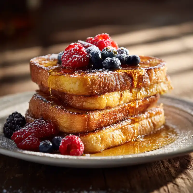 golden French toast stack with fresh raspberries, blueberries, blackberries and maple syrup.