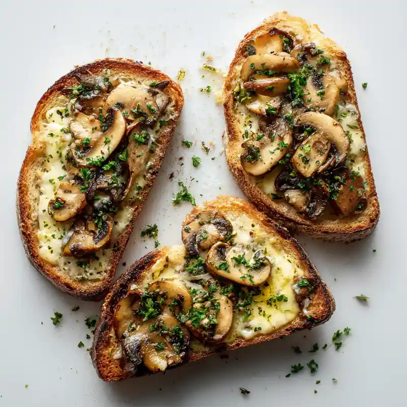 Thick sourdough toast topped with golden garlic mushrooms and fresh chopped herbs.