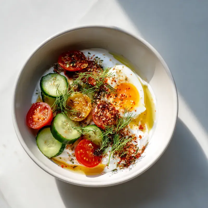 Greek yogurt bowl topped with egg, tomatoes, cucumber, za’atar, dill, and olive oil drizzle.