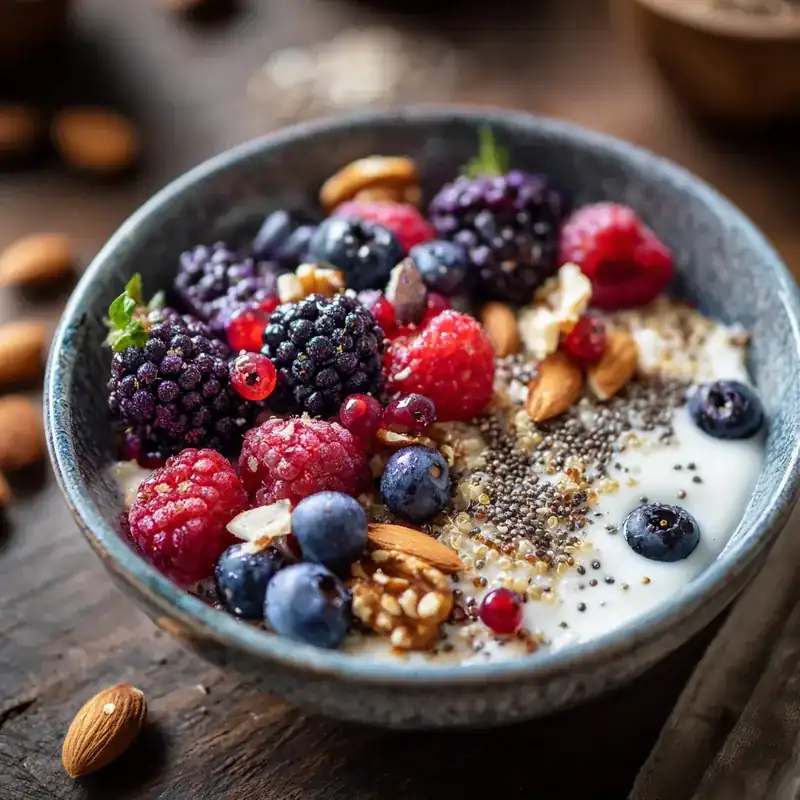 High protein breakfast bowl with yogurt, berries, and seeds on a morning table