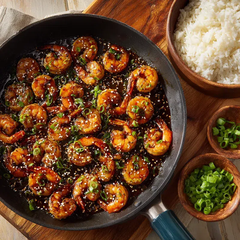 Honey garlic shrimp in a pan with sesame seeds and green onions.